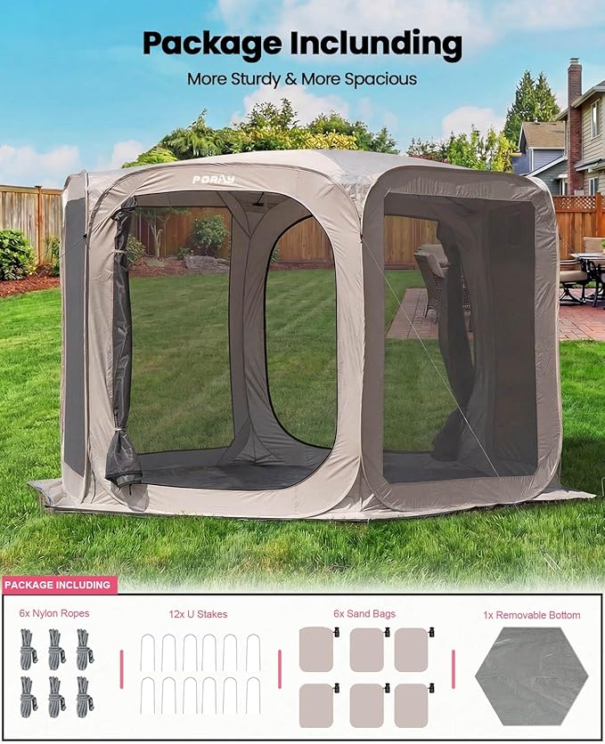Porayhut Pop up Screen House Tent Sun Shelter with Breathable Mesh DoorsPortable Camping Tent with Detachable Waterproof Floor10x10FT Screen Canopy Outdoor for Family Friends Party