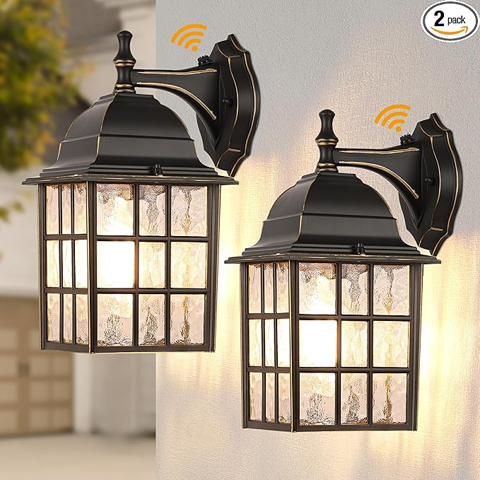 Black Dusk to Dawn Outdoor Lights for House with Gold Rim Sensor Exterior Lighting Fixtures Wall Mount Waterproof Porch Lights Wall Lantern Lamp Outside Sconce for Front Door Garage 2 Pack