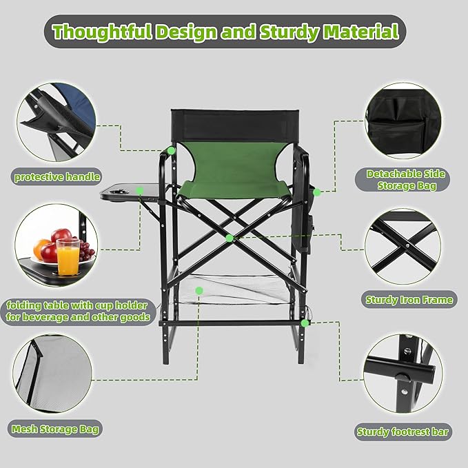 27.1‘' Seat Height Camping Directors Chair Iron Frame and Oxford Fabric Supports 260 lbs Foldable and Portable with Side Storage Bag and Side Table a Folding or Camping Chair