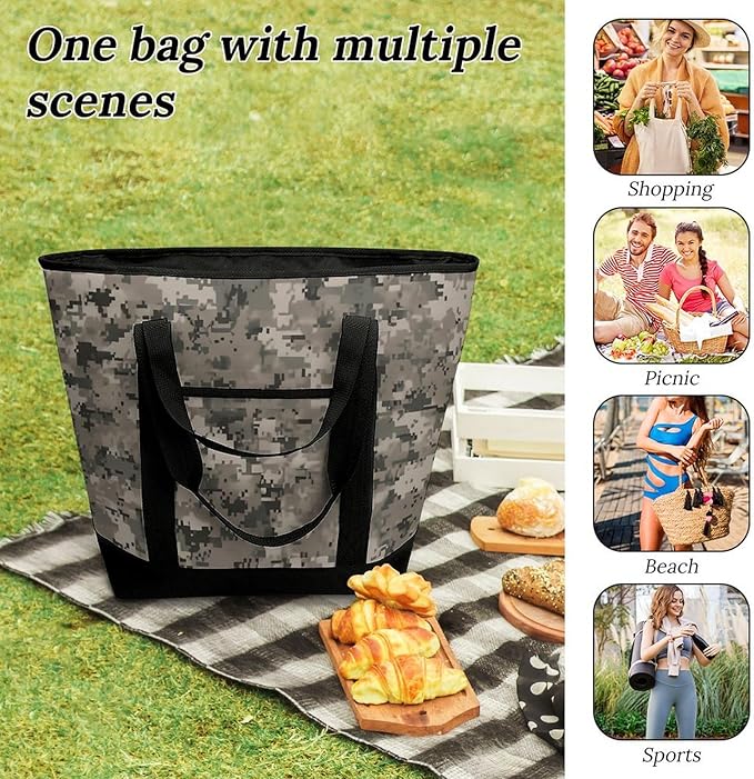 Insulated Shopping BagLarge Reusable Cooler Bags Army Digital Camouflage Printed Foldable Shopping BagTravel Waterproof Shoulder Bag