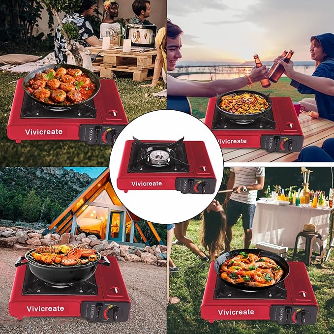 Vivicreate 8500 BTU Portable Butane Gas Stove for Camping Cooking Outdoor Lightweight Portable Stove Burner with Auto Ignition Estufa de Gas Portátil para Camping al Aire Libre(Red)