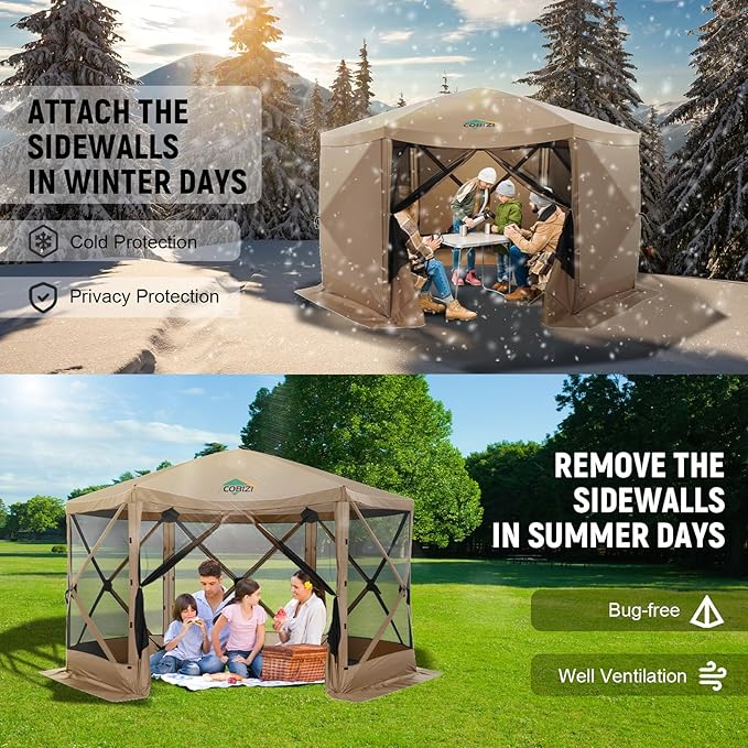 COBIZI 12x12 pop up Gazebo on Clearance Screen Tent for Camping Camping Outdoor Screened Gazebo &amp Canopy TentPortable Hub with Carrying Bag and Ground Stakes Khaki(Upgraded 2.0)