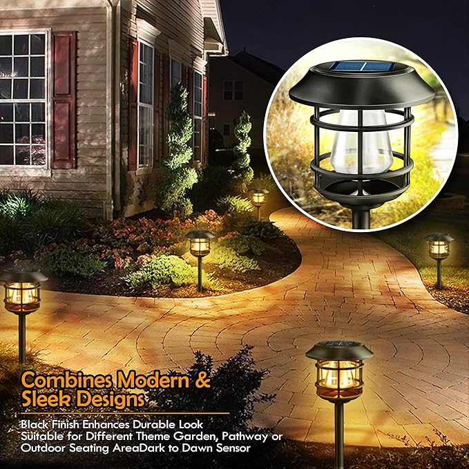 Solar Pathway Lights 8PK - Outdoor Garden Yard Landscape Lights Waterproof Auto-on/Off for Lawn Patio Walkway - Warm Light (Black)