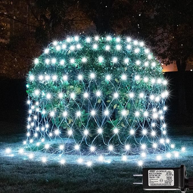 300 LED Net Lights for Bushes 14.8ft x 5ft 8 Modes Christmas Outdoor Mesh Lights Connectable Waterproof Decorative String Light Plug in for Xmas Tree Garden Wedding Party (Clear Wire White)