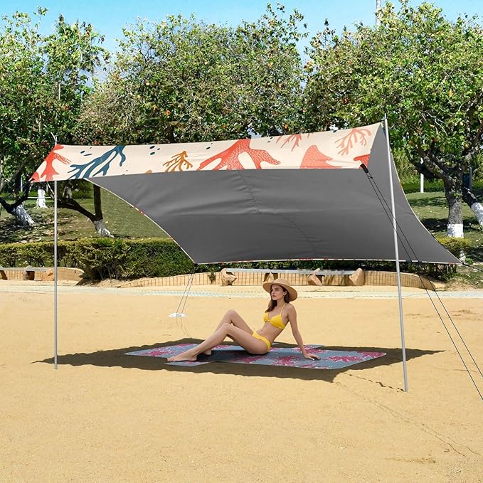 Sea Corals on A Beige Background Camping Sun Shelter Beach Tent Portable Beach Sun Shade Outdoor Canopy for Camping Trips Fishing Picnic