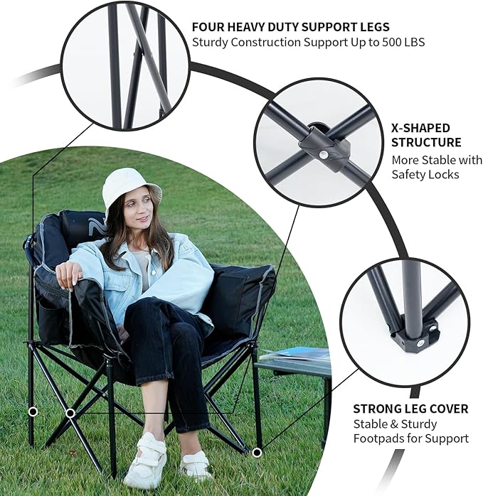 Oversized Heated Camping Chair 3 Heating Levels Soft Padded Camp Lawn Chair with Pillow and Storage Bag Portable Heated Folding Chairs Outdoor Sports for Patio and Picnics Black