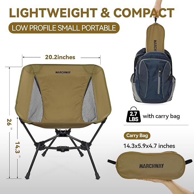 MARCHWAY Lightweight Folding Camping Chair Portable Foldable Compact for Outdoor Camp Travel Beach Picnic Festival Hiking Backpacking Supports 330Lbs (Khaki)
