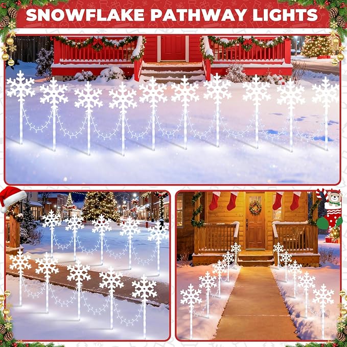 Christmas Snowflake Pathway Lights Outdoor 10 Pack Waterproof Snowflake Light 8 Lighting Modes Xmas Walkway Marker Lights LED Stake Sidewalk Light for Christmas Decorations Outdoor Garden Patio Yard