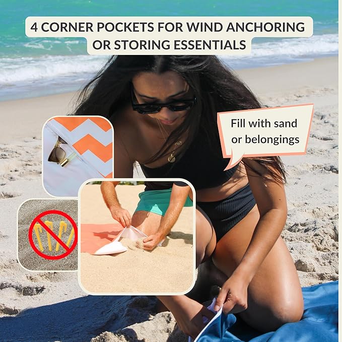 Plush Microfiber Beach Blanket Extra Large Beach Mat for 3-6 Persons Sandproof Windproof | Hole for Umbrella Corner Sand Pockets to Fight Wind (Bag for Blanket Included)