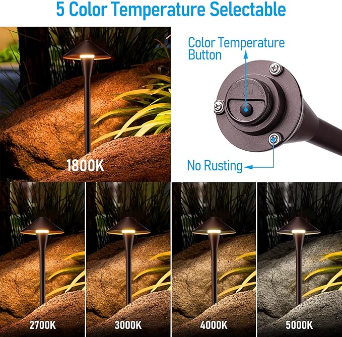 LEONLITE Update 5CCT Low Voltage Pathway Lights LED Landscape Path Lights 1800/2700/3000/4000/5000K Flat Cone Head 12-24V AC/DC IP65 Outdoor Walkway Light Oil Rubbed Bronze Aluminum Pack of 6