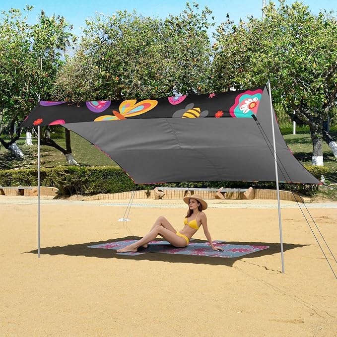 Bolaz Beach Canopy Tent Sun Shade9'×10.5' Large Family Beach Shade UPF50+- Outdoor Shade for Camping Trips FishingBeautiful Butterfies Pattern