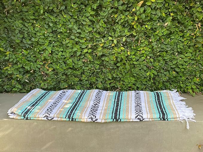 Del Mex Classic Mexican Blanket Large Authentic Woven Falsa Throw (70x50) Artisan Southwest Décor for Beach Yoga Outdoors (Mint/Tan)