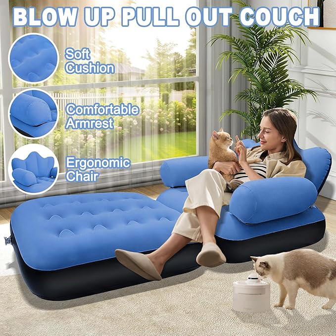SeaSlep Blow Up Pull Out Couch with HeadboardInflatable Couch with Flocked SurfaceFolding Inflatable Chair for AdultsPortable Air Sofa BedDurable Air CouchesInflatables couches for Camping-1pc