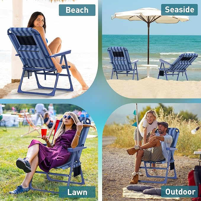 Slendor Backpack Beach Chair 6-Positions Beach Chairs for Adults with Cooler Bag Reclining Chair with Cup Holder Folding Camping Chair for Outside