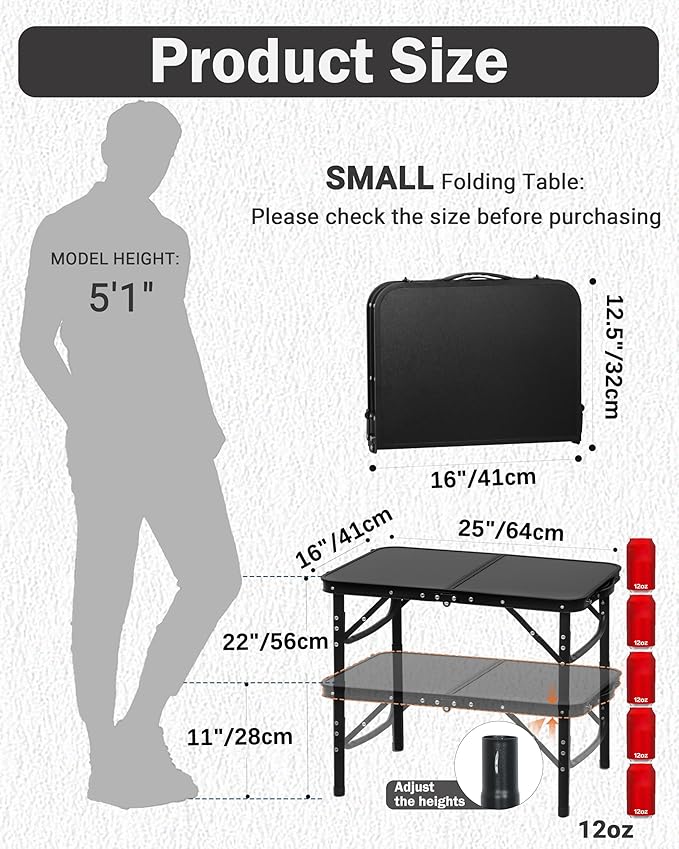 LOFTEY 2025 Reinforced Small Folding Table Portable Small Foldable Camping Table Heavy-Duty Mini Folding | 2 Adjustable Height | Lightweight Aluminum with Handle | 25 x 16 x 22 Black