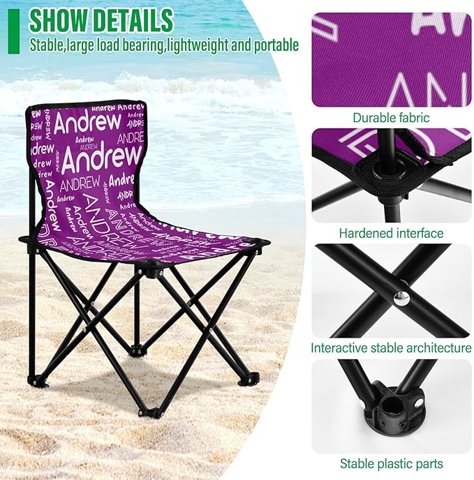 Sinestour Purple Custom Folding Camping Chair for Teen Child Personalized Name 14.6×14.6in Portable Outdoor Chair with Carry Bag for Picnic Lawn Travel