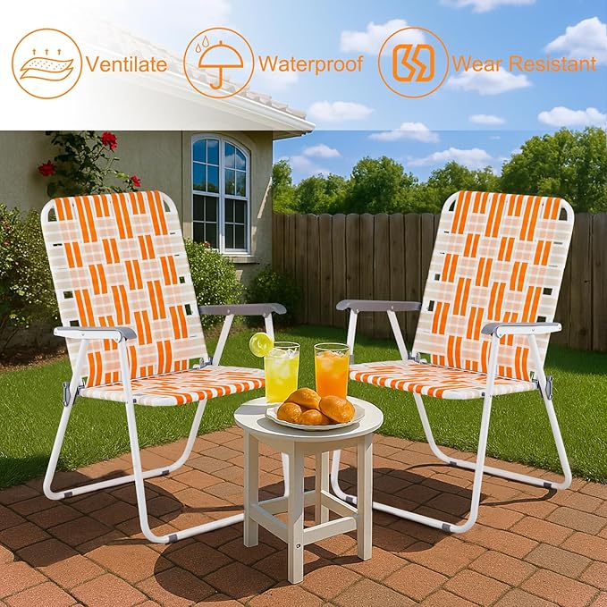 Outvita Webbed Lawn Chairs Set of 2 Foldable Metal Patio Chairs Stable Steel Outdoor Chair for Camping Fishing Beach Poolside Backyard and BBQ