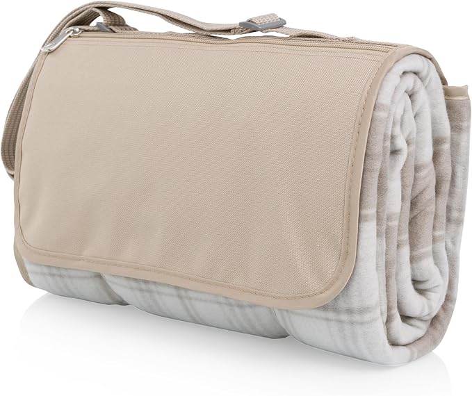 Picnic TIME Outdoor Picnic Blanket Tote 59x51 Foldable Beach &amp Camping Blanket with Soft Fleece Water-Resistant Bottom Adjustable Strap &amp Zippered Pocket (Neutral Plaid)
