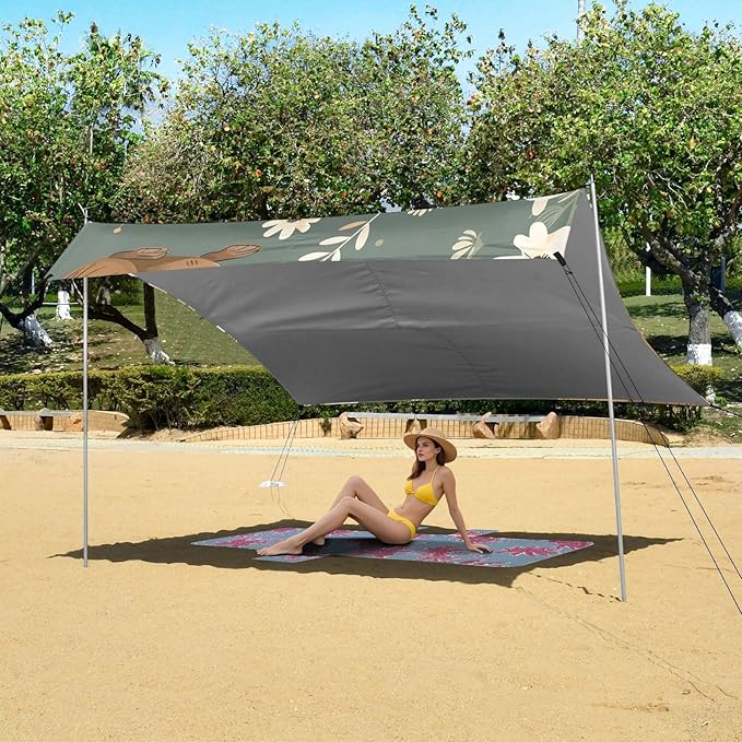 Capybara and White Flowers and Leaves Camping Sun Shelter Beach Tent Portable Beach Sun Shade Outdoor Canopy for Camping Trips Fishing Picnic