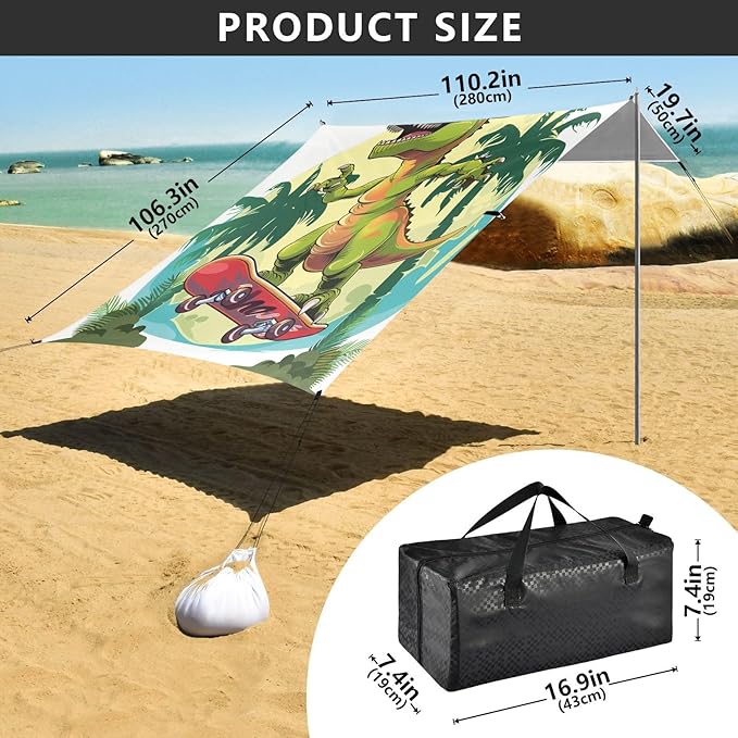 ALAZA Dinosaur Skateboard Funny Beach Tent Sun Shelter UPF50+ Protection Beach Shade Canopy w/ 4 Sandbags for Outdoor Camping Fishing Backyard Fun Picnic 10x9 ft