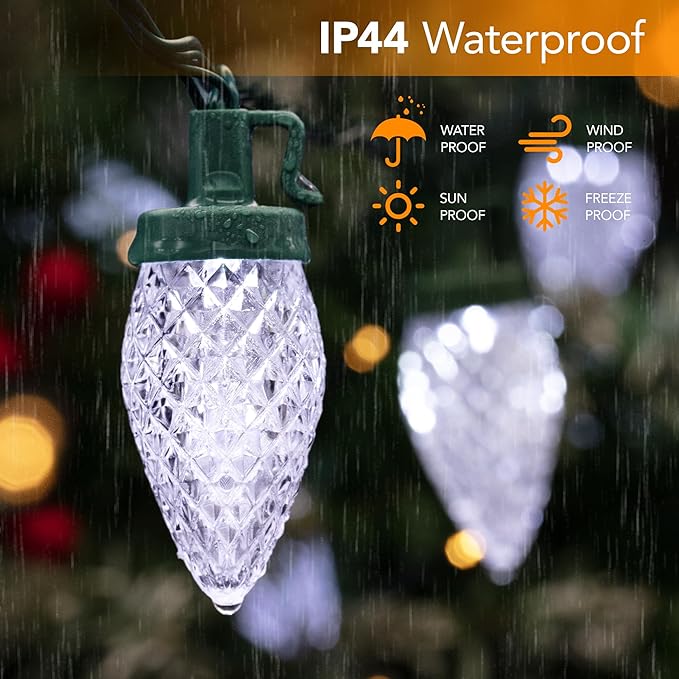 C9 LED Christmas Lights Outdoor33 Feet 50 LED 8 Lighting Modes Waterproof Connectable Christmas String Lights for Outside Roofline Patio Home Xmas Decorations (Cool White)
