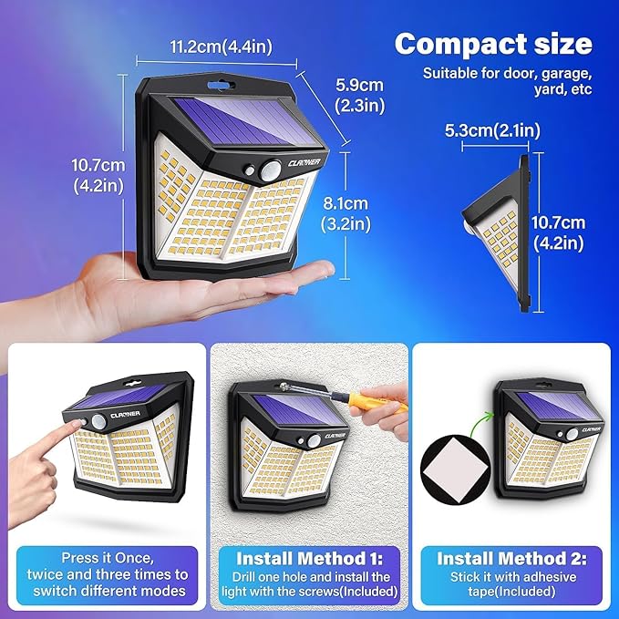 CLAONER Solar Motion Sensor Lights Outdoor 12 Pack Solar Fence Lights IP65 Waterproof Bright 128 LED Security Flood Lights with 270°Wide Angle 3 Lighting Modes Motion Light for Outside Warm White
