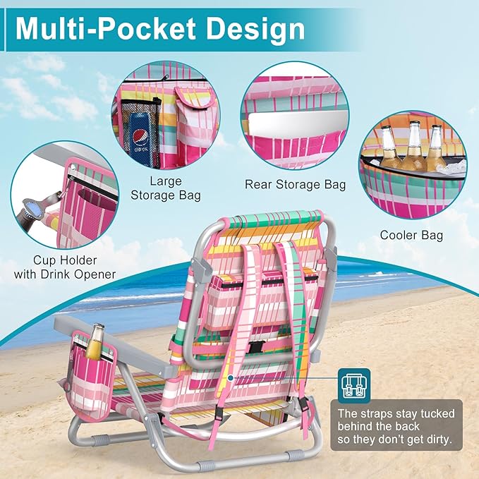 Suteck Beach Chair Adjustable 5-Position Backpack Beach Chairs for Adults Kids Foldable Lay Flat Chair with Cooler Bag Cup Holder and Lumbar Pillow Reclining Lay Down Chairs for Lawn Outdoor