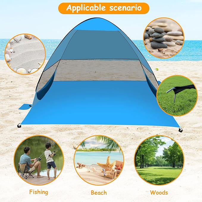 Pop Up Beach Tent Beach Shade with UPF50+ UV Protection Pop Up Tent for 3-4 Person Easy Setup Sun Shade Canopy for Camping Fishing (Light Blue)