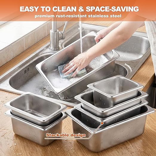 4 Set Hotel Pans with Lids 2 × 1/2 Size 6'' Deep &amp 2 × 1/4 Size 4'' Deep Steam Table Pans with Lid &amp Clip Anti-Jam Stainless Steel Metal Hotel Pans for Home Party Hotel Buffet Catering Food