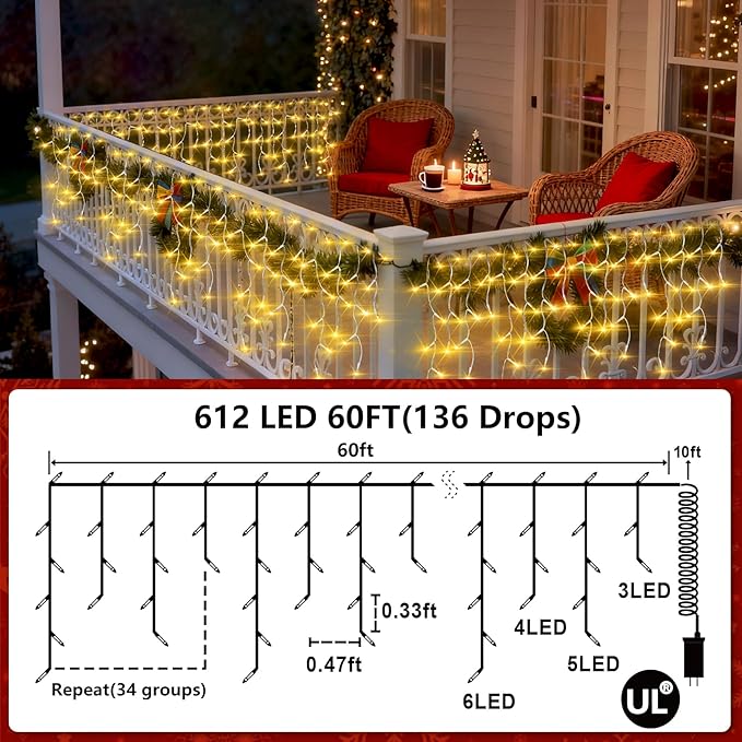 612 LED String lights Indoor Outdoor 60ft Christmas Window Lights with 136 Drops 12 Modes Dimmable Curtain Lights Fairy Lights for Bedroom Holiday Wedding Party Home Xmas Decorations Warm White