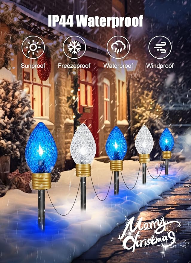 Minetom Strawberry C9 Christmas Jumbo Lights - 2 Pack 10.5 Feet 5 Light Christmas Pathway Lights Outdoor C7 Light Covered Jumbo Bulb Decorations for Lawn Garden Outside Blue ＆ Cool White