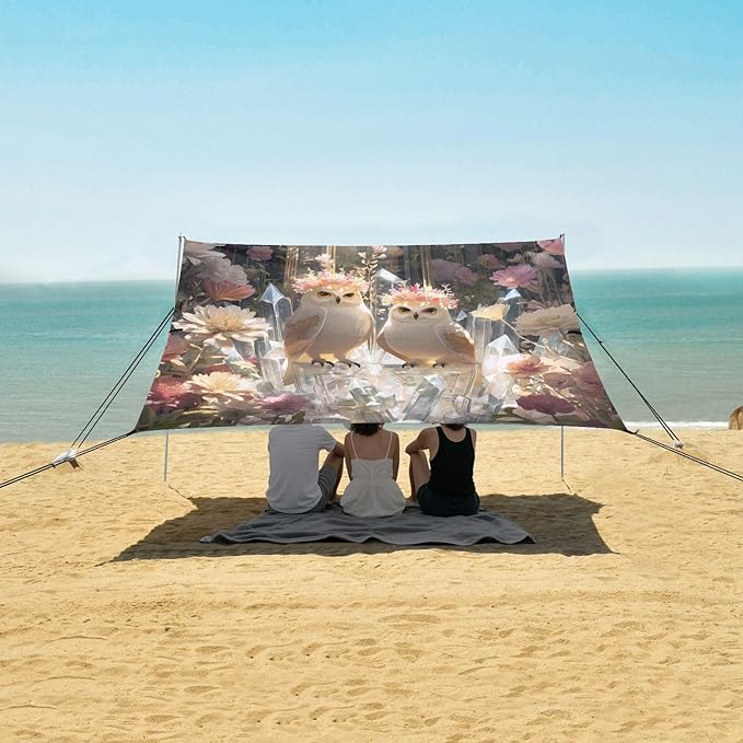 ALAZA Two Owl Fantastic Beach Tent Sun Shelter UPF50+ Protection Beach Shade Canopy w/ 4 Sandbags for Outdoor Camping Fishing Backyard Fun Picnic 10x9 ft