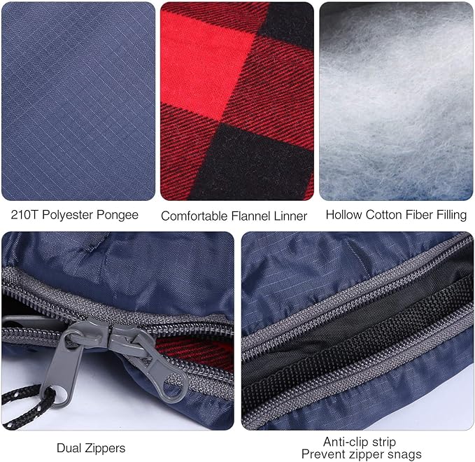 REDCAMP Flannel Sleeping Bag for Adults Comfortable Cotton Sleeping Bags for Camping with Detachable Hood Red/Grey/Blue/Black