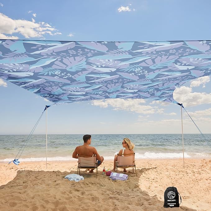 WEKAPO Beach Tent Sun Shelter - Easy Setup Beach Canopy with 4 Sturdy Poles Large Sandbags and Shovel 7'1'' Tall Windproof Sun Shade for Backyard and Camping UPF 50+ Protection