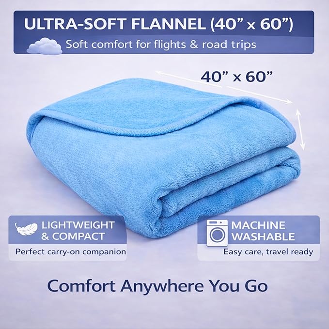 Travel Blanket Airplane Compact with Bag Ultra-Soft 40 x 60 Flannel Travel Organizer Bag with Adjustable Strap Lightweight Warmth for Long Flights