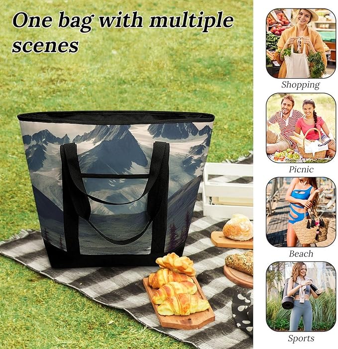 Insulated Shopping BagLarge Reusable Cooler Bags Alaska Mountains Printed Foldable Shopping BagTravel Waterproof Shoulder Bag