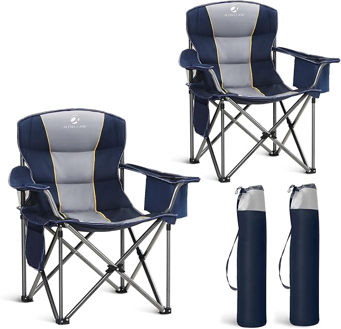 LET'S CAMP Folding Camping Chair Oversized Heavy Duty Padded Outdoor Chair with Cup Holder Storage and Cooler Bag 450 LBS Weight Capacity Thicken 600D Oxford2 Pack