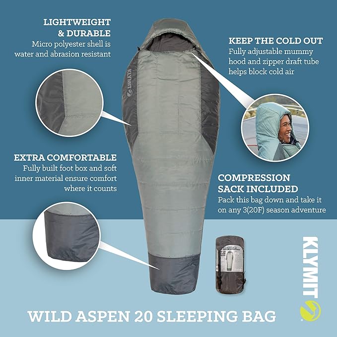 Klymit Sleeping-Bags KLYMIT Wild Aspen Lightweight Mummy Sleeping Bag Best Gear for Cold Weather Camping Hiking Backpacking Pair with Static V Sleeping Pad (Size Regular to XL)