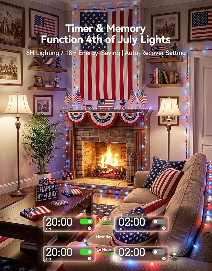 LitHome 99FT 300 LED Red White and Blue Lights Outdoor Waterproof 8 Modes Patriotic Lights Plug in Green Wire 4th of July Decoration String Light with Timer for Independence Day Tree Holiday Party