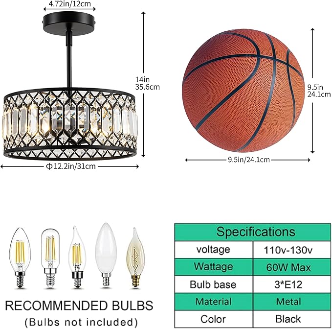 3-Light Crystal Ceiling Light Modern Semi Flush Mount Light Fixture Black Crystal Chandelier for Kitchen Bedroom Bathroom Entryway Hallway
