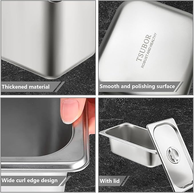 6 Set Stainless Steel Hotel Pans 1/3 Size 4 Inch Deep With Lids Anti-Jam Chafing Steam Table Pans Catering Food Storage Metal Pan