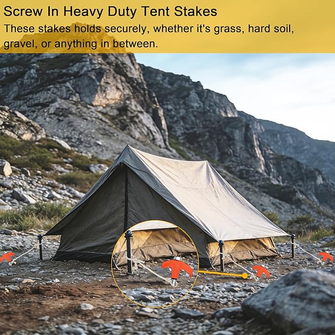 22 Packs Heavy Duty Screw-in Tent Stakes Kit Orange 8 Inch Ground Anchors Camping Stakes Metal Tent Pegs with Hex Socket T Pull Hook &amp Storage Case