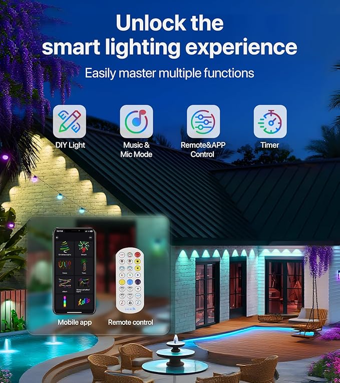 100FT RGB+IC LED Permanent Outdoor Lights: Eave Lights with Smart APP &amp Remote Control 72 Scene Modes Waterproof IP65 for Holiday Christmas Decorations(Extension Cord Not Included)