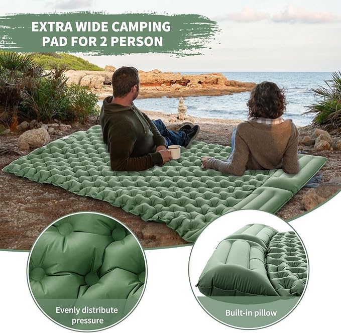 Camping Double Sleeping PadUltralight Self Inflating Sleeping Mat for 2 Person with Pillow Built-in Foot PumpPortable Camping Air Mat for Backpacking Hiking Traveling Tent(Green)