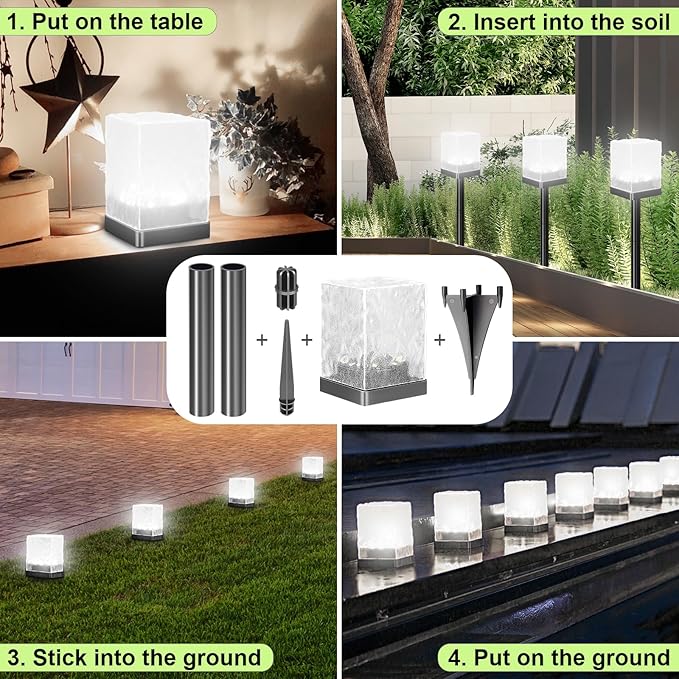 Solar Pathway Lights Outdoor Waterproof Ground Light Featuring Crystal-Clear Ice Brick Aesthetic Multi-use Landscape Decoration Lighting Solar Powered Garden Lawn Lamp (Cool White 4 Pack)
