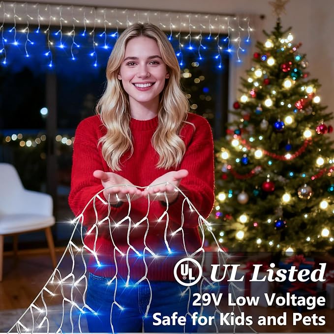 612 LED String lights Indoor Outdoor 60ft Christmas Window Lights with 136 Drops 12 Modes Dimmable Curtain Lights Fairy Lights for Bedroom Holiday Wedding Party Home Decorations Blue &amp White