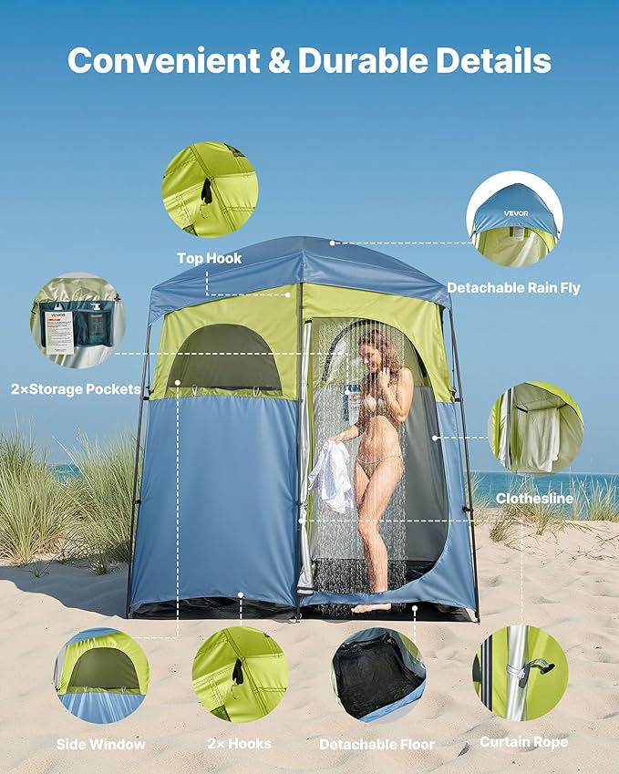 VEVOR Camping Shower Tent 2-Room Portable Privacy Tent Changing Room with Shower Bag Ground Stakes Ropes Carry Bag and Support Poles 150D Oxford Fabric with Silver Coating for Camping Fishing