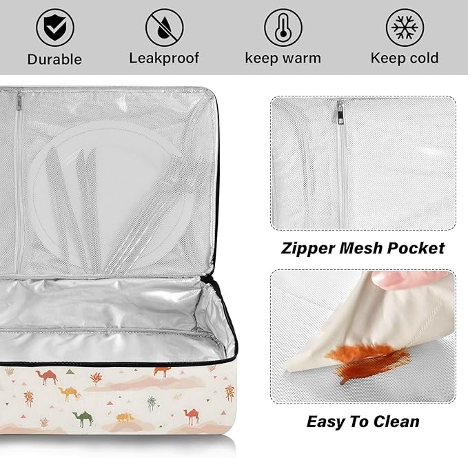 Casserole Carrier Camel PatternInsulated Casserole Carrier for Hot or Cold Food Thermal Lunch Tote for Potluck Parties Picnic Beach Fits 9 x 13 Inches Baking Dish