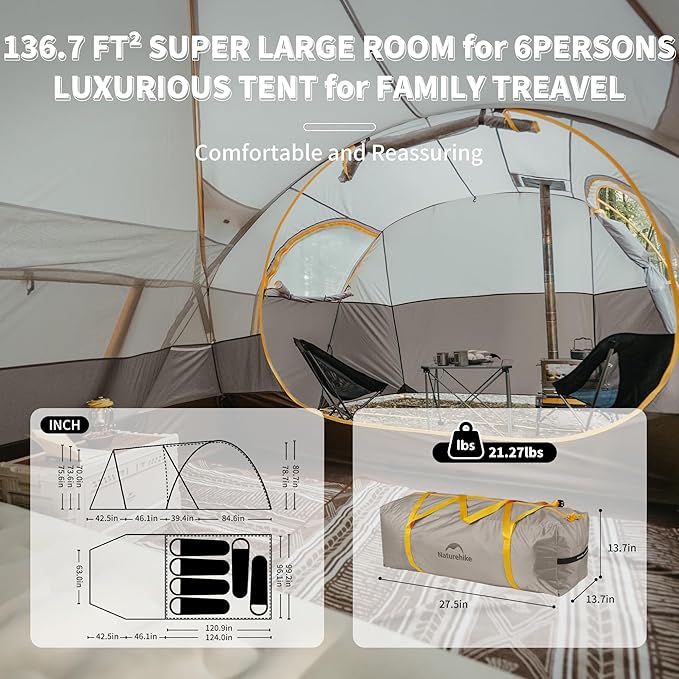 Naturehike KOTA 4/6/8 Person Camping Tent Double Layer Waterproof 4 Person 6 Person 8 Person Tents for Camping Large and Tall Family Tent with Vestibules Porch