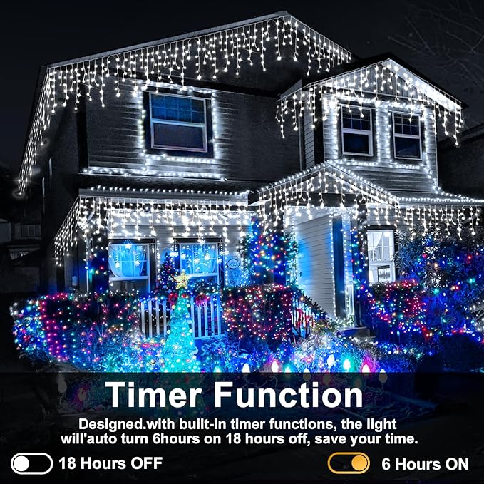 Heceltt White Christmas Lights Outdoor 49FT 480 LED Ice Lights for Outside with 90 Drops Clear Wire 8 Modes Timer Plug in Waterproof for Holiday Eaves Yard Roof Party Christmas Decoration